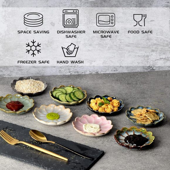 Ceramic Dipping Bowls Set of 8, 3 oz Sauce Dishes, Small Porcelain Flower Plates - Picture 3 of 8